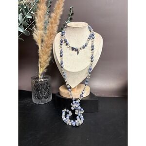 Natasha Couture Satin Glass Beaded‎ Necklace | Blue & Frosted Clear Bea